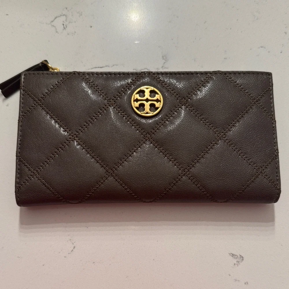 Tory Burch Quilted Zip Clutch in Olive Brown with Gold Logo
